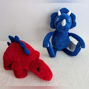 2 dinosaur plush: blue triceratops w/stick together limps, red stegosaur…